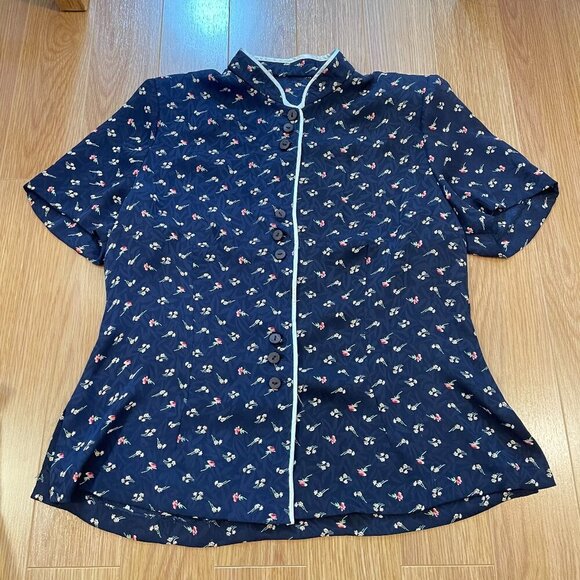 Vintage Floral Chinese Style Blouse Navy – S - Picture 4 of 9